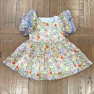 Paade mode ruffed floral cotton silk dress in meadow size 4 hemmed to size 2